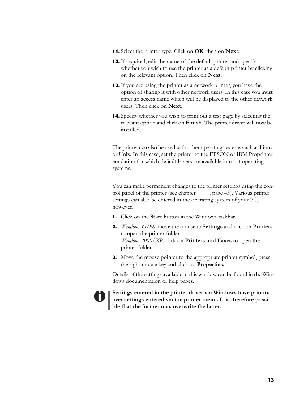 Other operating systems, Changing printer settings | Tally Genicom 5040 User Manual | Page 21 / 142