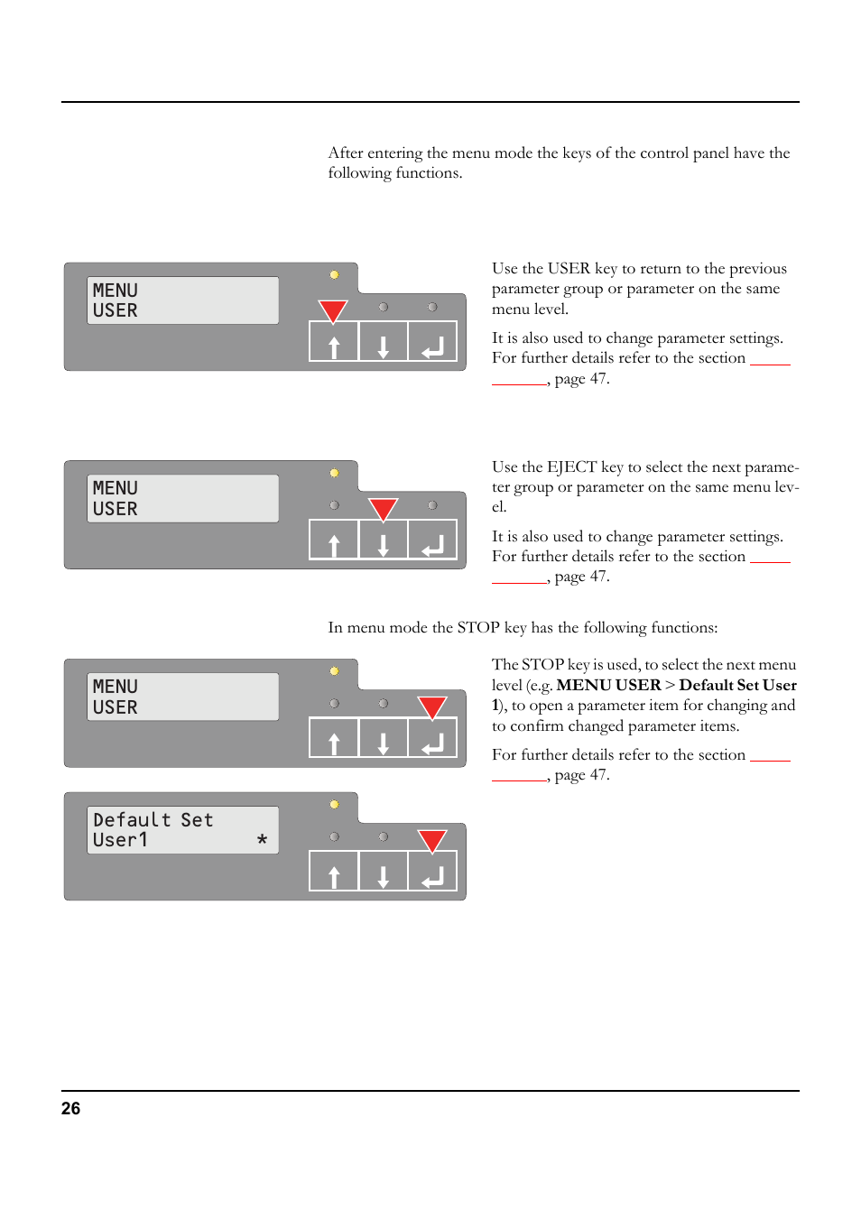 Key functions in menu mode, User key, Eject key | Stop key, Menu user, Default set user1 | Tally Genicom 5040 User Manual | Page 34 / 142