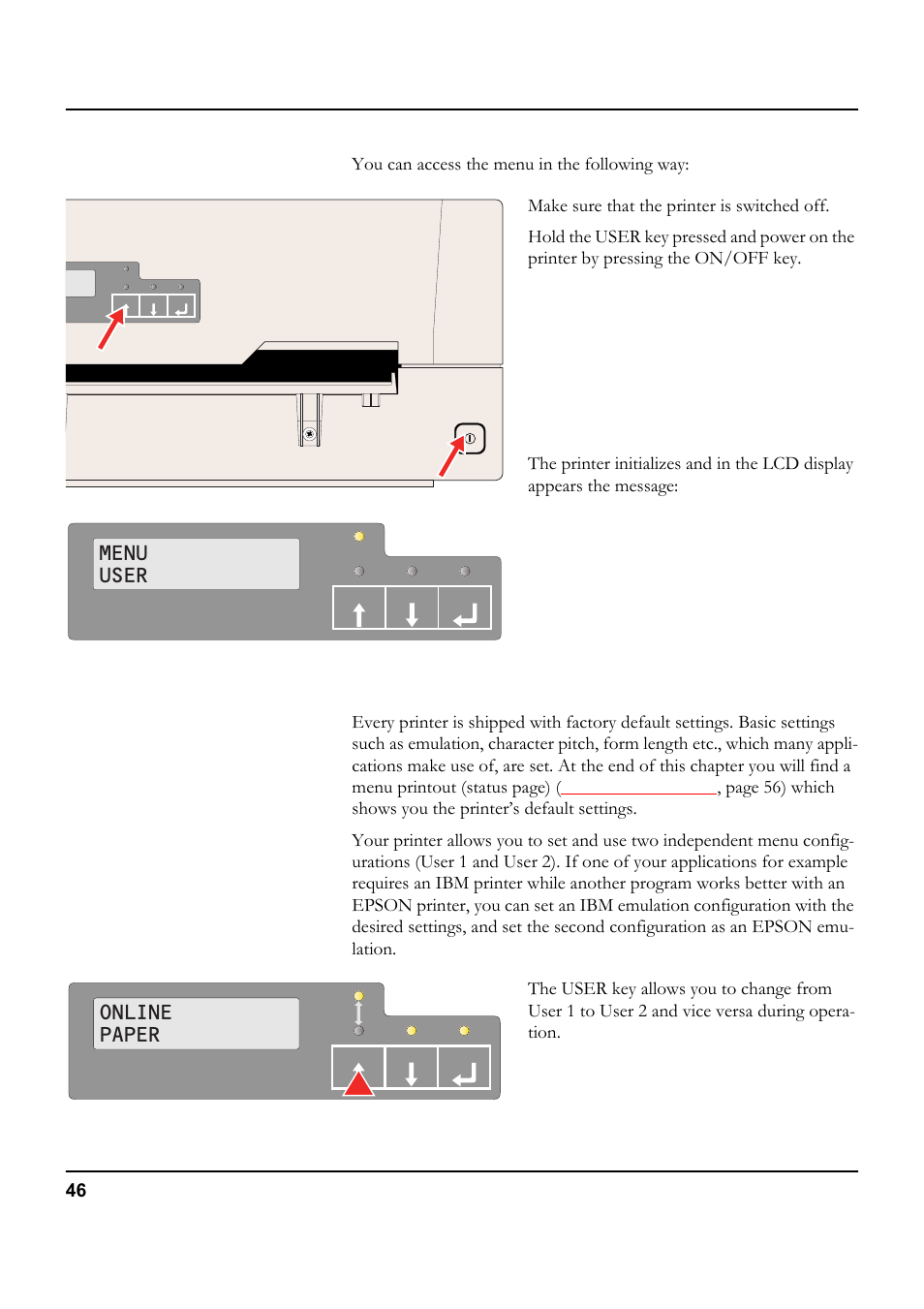 Calling up the menu, Menu configurations (user 1/user 2), Menu user | Online paper | Tally Genicom 5040 User Manual | Page 54 / 142