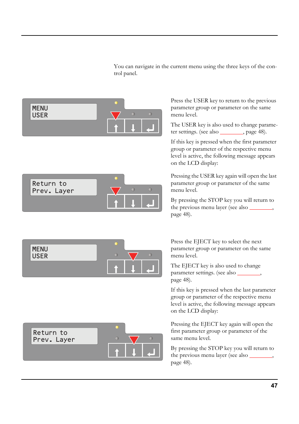 Menu handling, Key functions, User key | Eject key, For further details refer to the section, Menu, Handling, Menu user, Return to prev.layer | Tally Genicom 5040 User Manual | Page 55 / 142