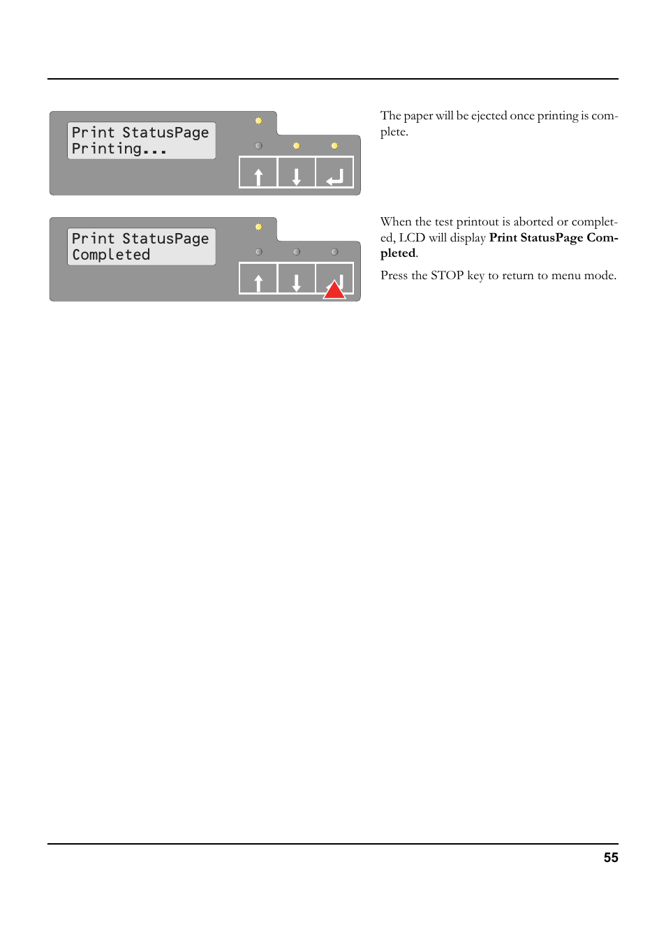 Print statuspage printing, Print statuspage completed | Tally Genicom 5040 User Manual | Page 63 / 142