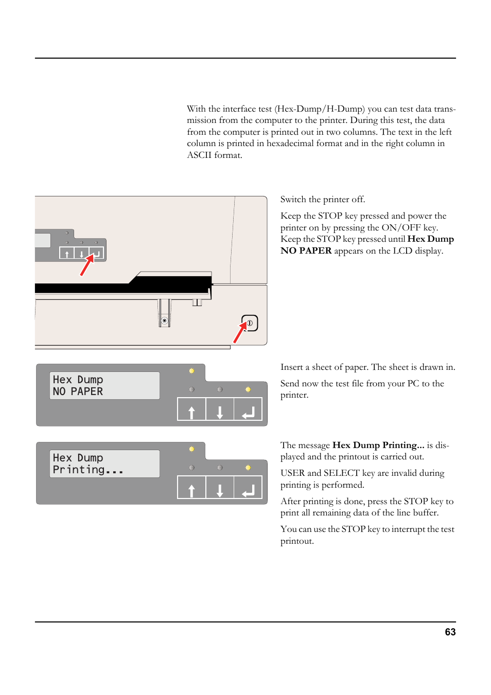 Test function, Hex dump, Activating hex dump | Refer to the section, Hex dump no paper, Hex dump printing | Tally Genicom 5040 User Manual | Page 71 / 142