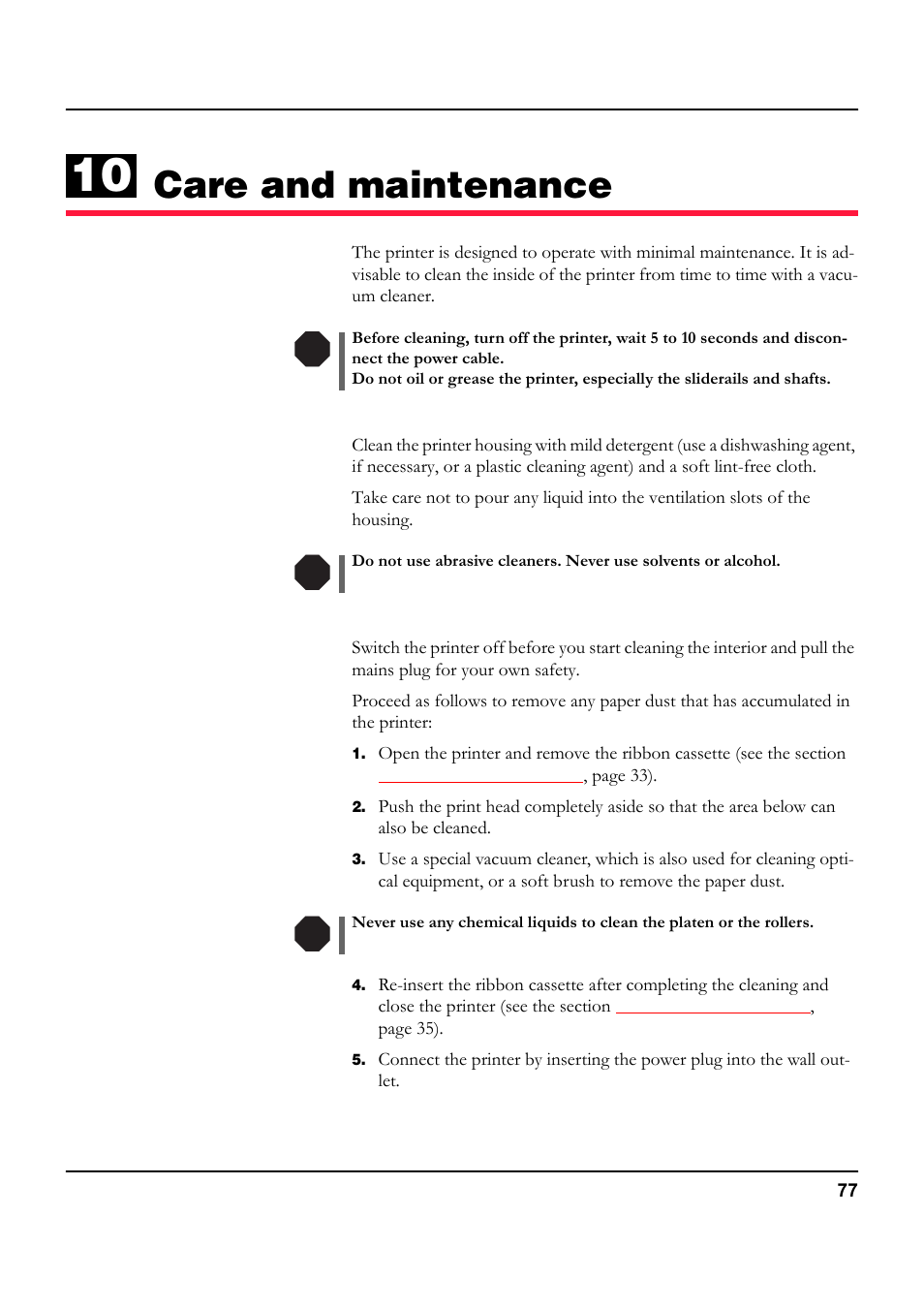 Care and maintenance, Cleaning the housing, Cleaning the interior | Provides informat | Tally Genicom 5040 User Manual | Page 85 / 142