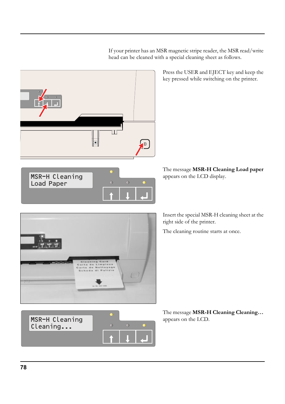 Cleaning the msr-h magnetic stripe, Msr-h cleaning load paper, Msr-h cleaning cleaning | Tally Genicom 5040 User Manual | Page 86 / 142