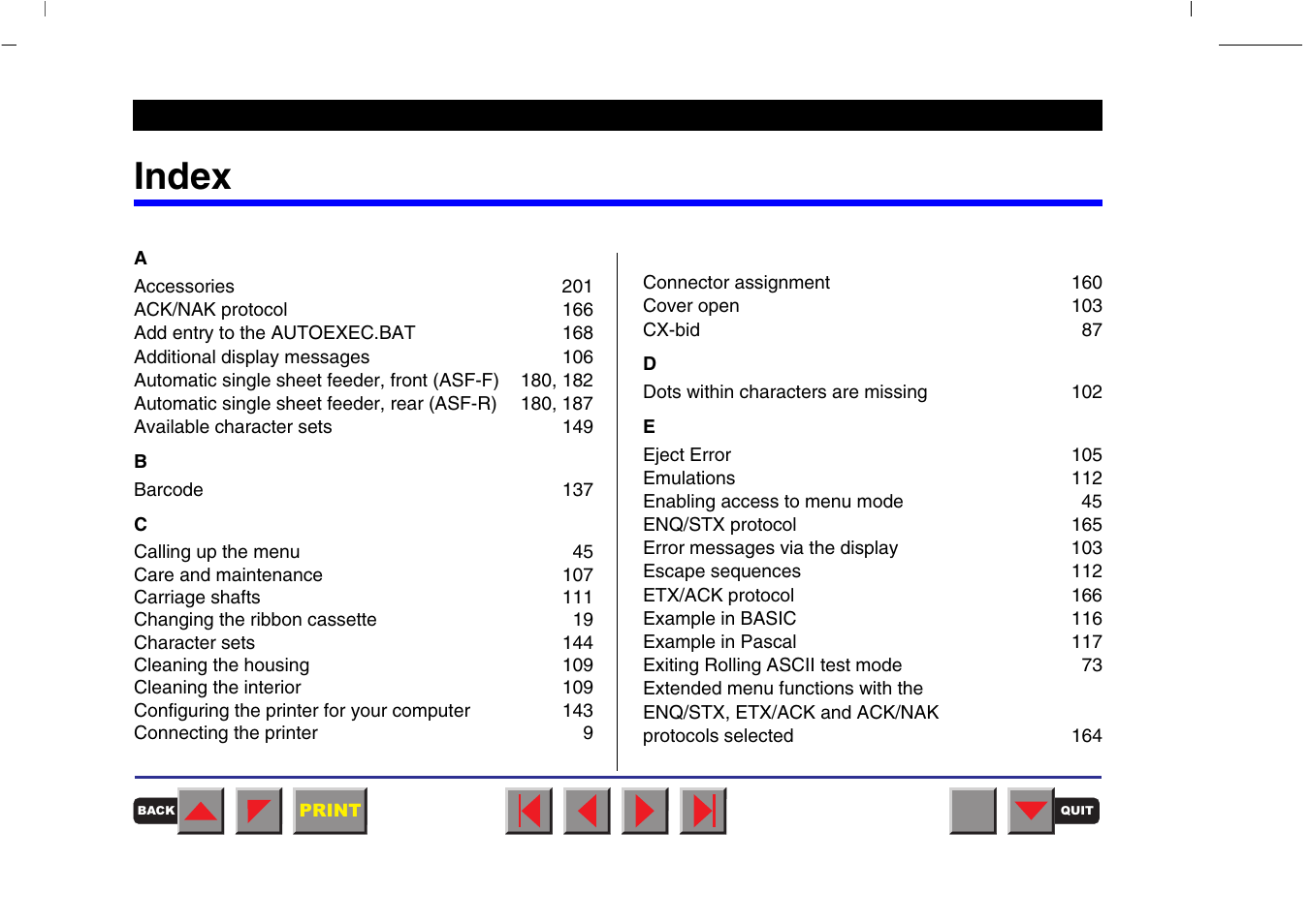 Index | Tally Genicom MATRIX PRINTER 2250 User Manual | Page 212 / 216