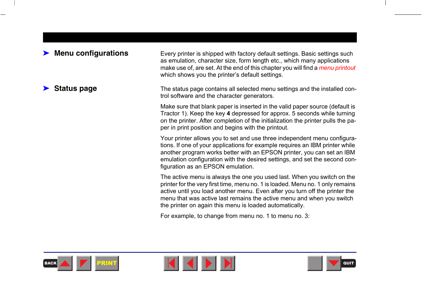 Menu configurations 46, Selected settings of all menus (see | Tally Genicom MATRIX PRINTER 2250 User Manual | Page 56 / 216