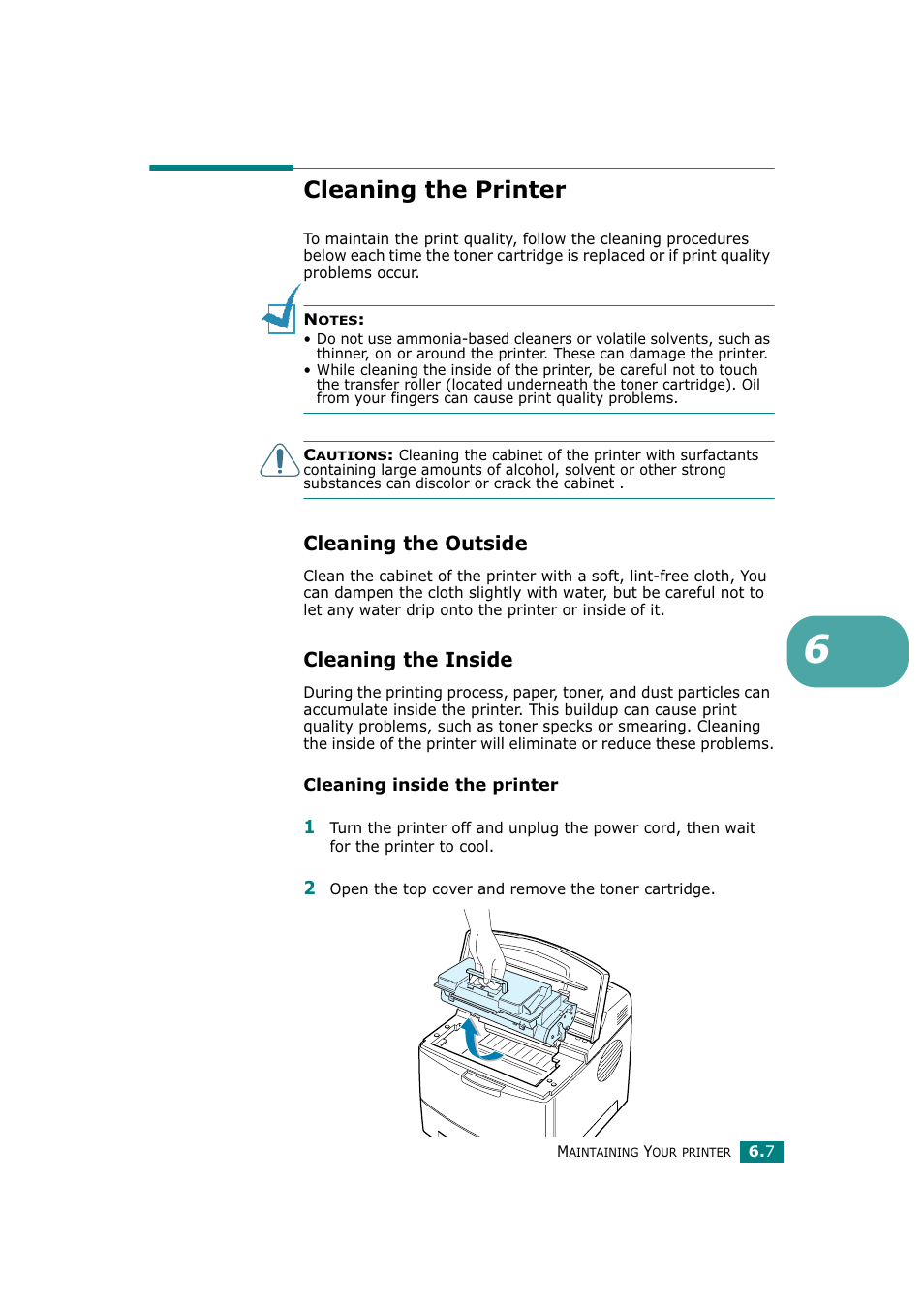 Cleaning the printer, Cleaning the outside, Cleaning the inside | Cleaning the outside cleaning the inside | Tally Genicom Tally Mono Laser T9220 User Manual | Page 122 / 231
