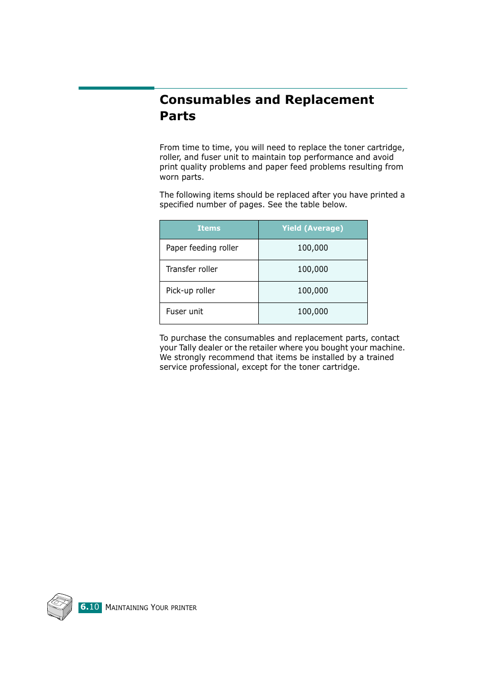 Consumables and replacement parts | Tally Genicom Tally Mono Laser T9220 User Manual | Page 125 / 231
