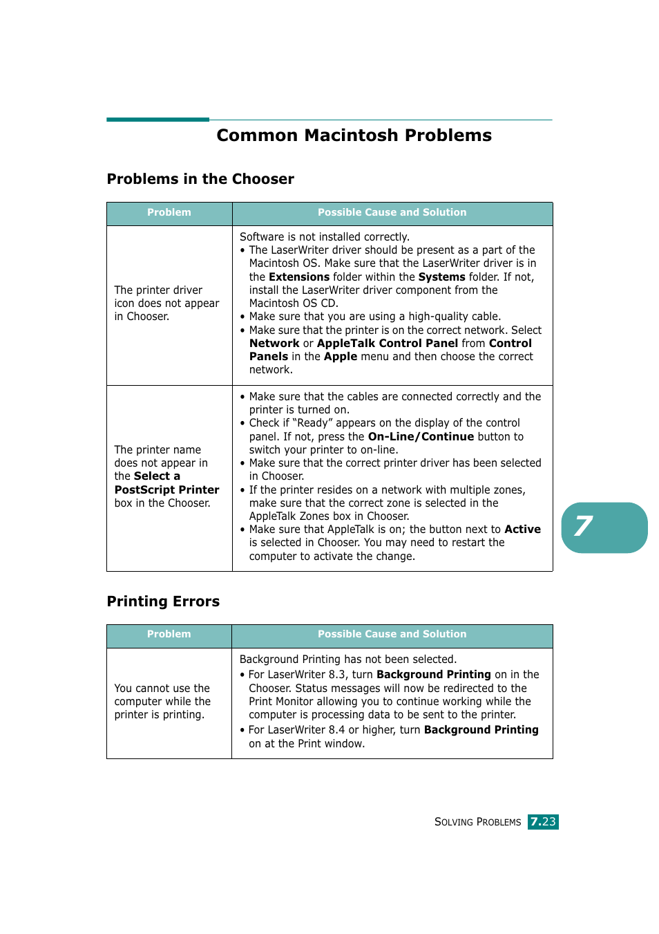 Common macintosh problems, Problems in the chooser, Printing errors | Problems in the chooser printing errors | Tally Genicom Tally Mono Laser T9220 User Manual | Page 148 / 231