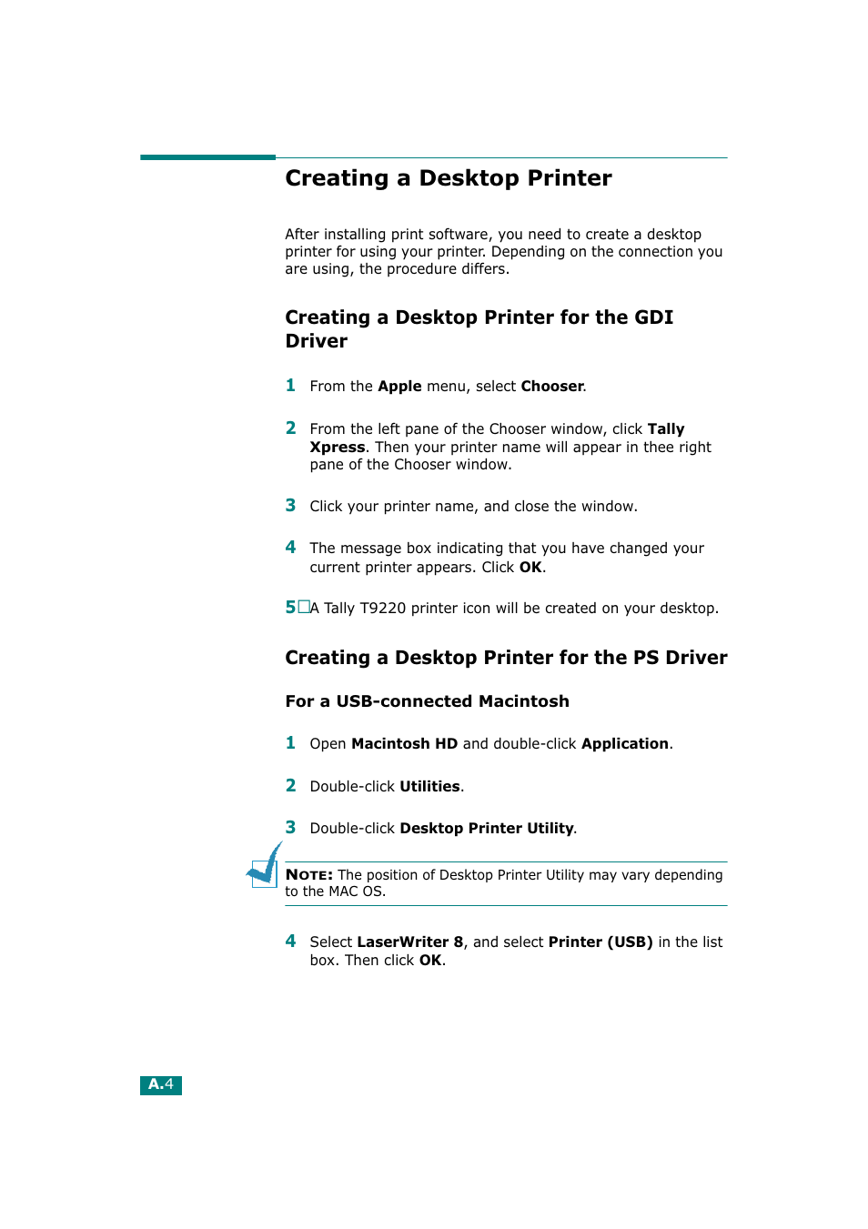 Creating a desktop printer, Creating a desktop printer for the gdi driver, Creating a desktop printer for the ps driver | Tally Genicom Tally Mono Laser T9220 User Manual | Page 157 / 231