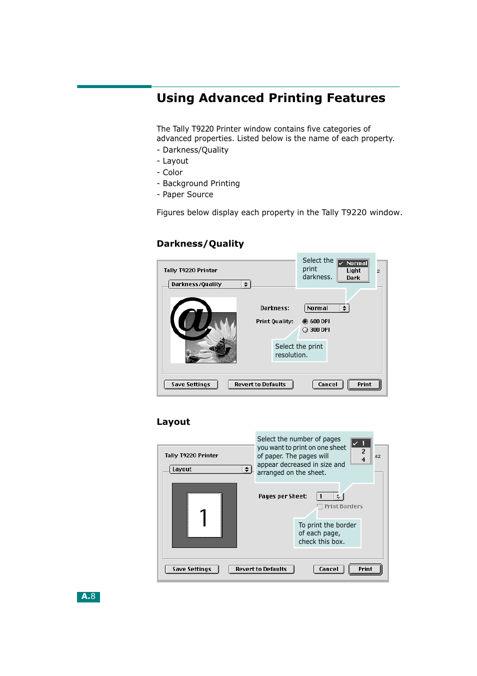 Using advanced printing features | Tally Genicom Tally Mono Laser T9220 User Manual | Page 161 / 231