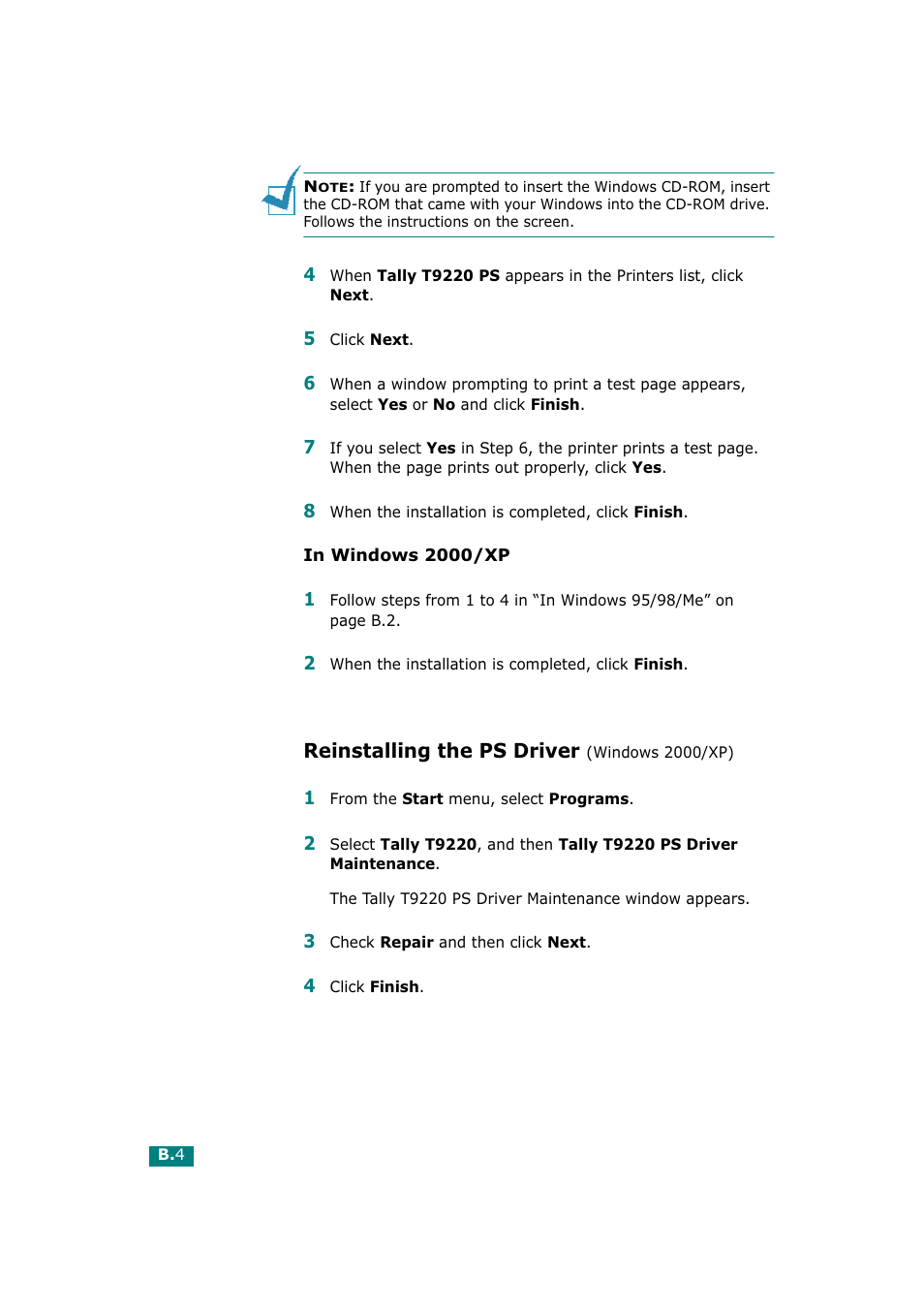 Reinstalling the ps driver (windows 2000/xp) | Tally Genicom Tally Mono Laser T9220 User Manual | Page 167 / 231