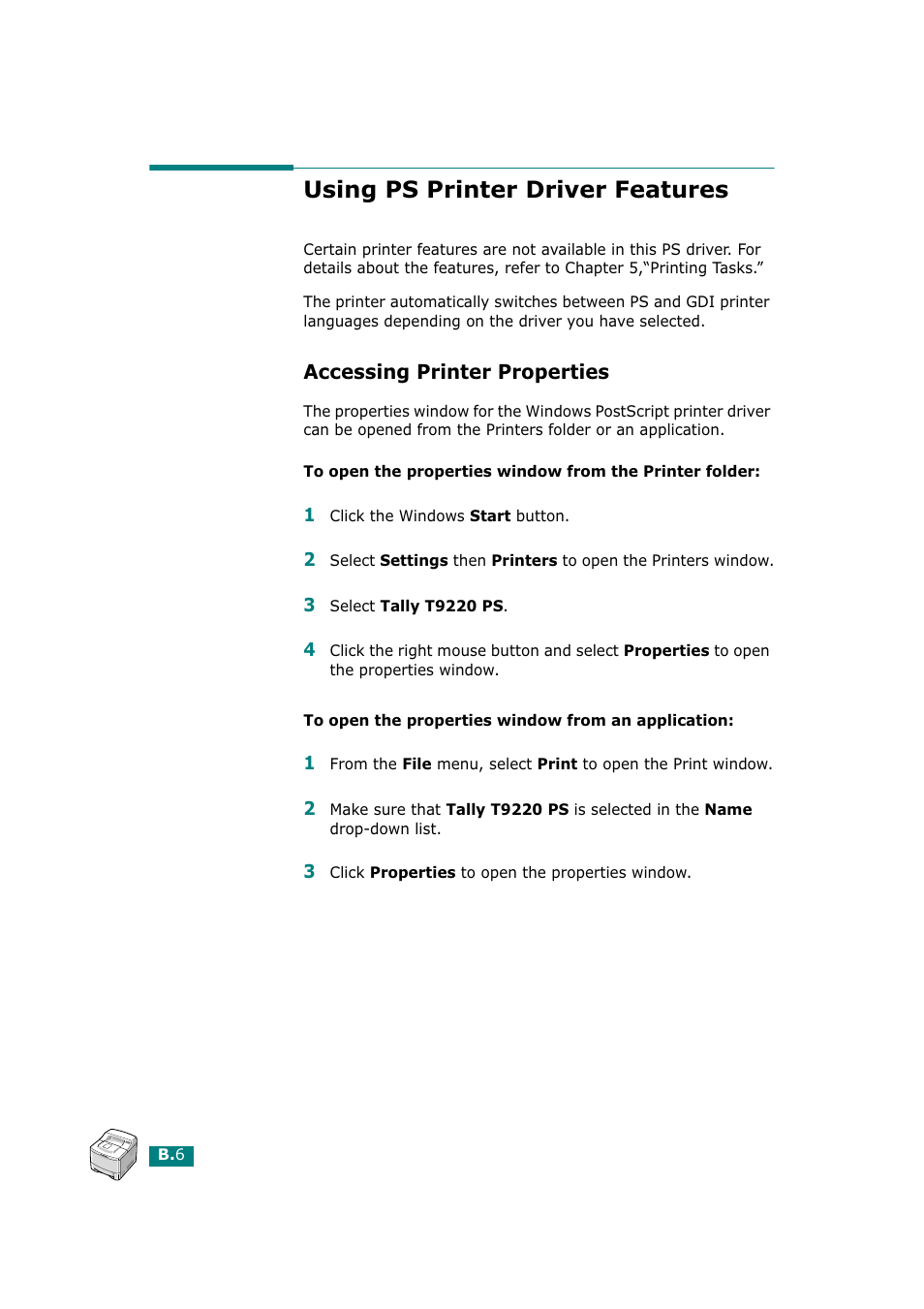 Using ps printer driver features, Accessing printer properties | Tally Genicom Tally Mono Laser T9220 User Manual | Page 169 / 231