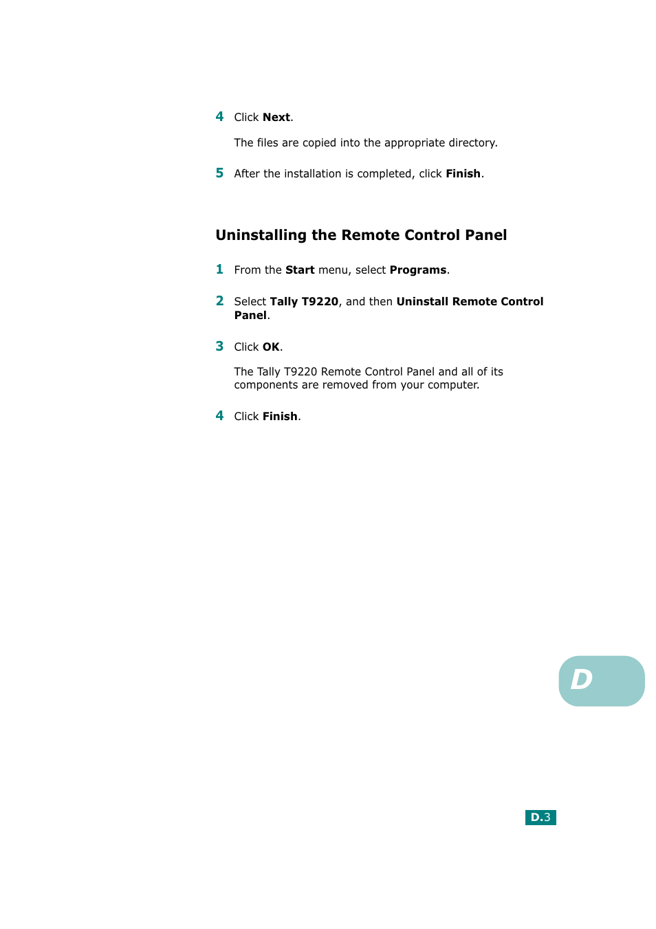 Uninstalling the remote control panel | Tally Genicom Tally Mono Laser T9220 User Manual | Page 184 / 231