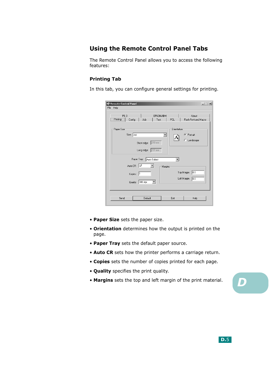 Using the remote control panel tabs | Tally Genicom Tally Mono Laser T9220 User Manual | Page 186 / 231