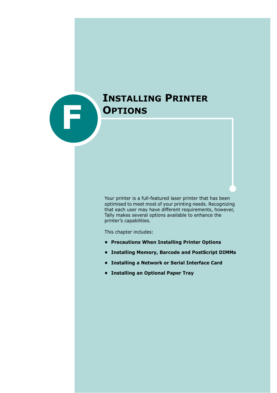 Installing printer options, Appendix f | Tally Genicom Tally Mono Laser T9220 User Manual | Page 206 / 231