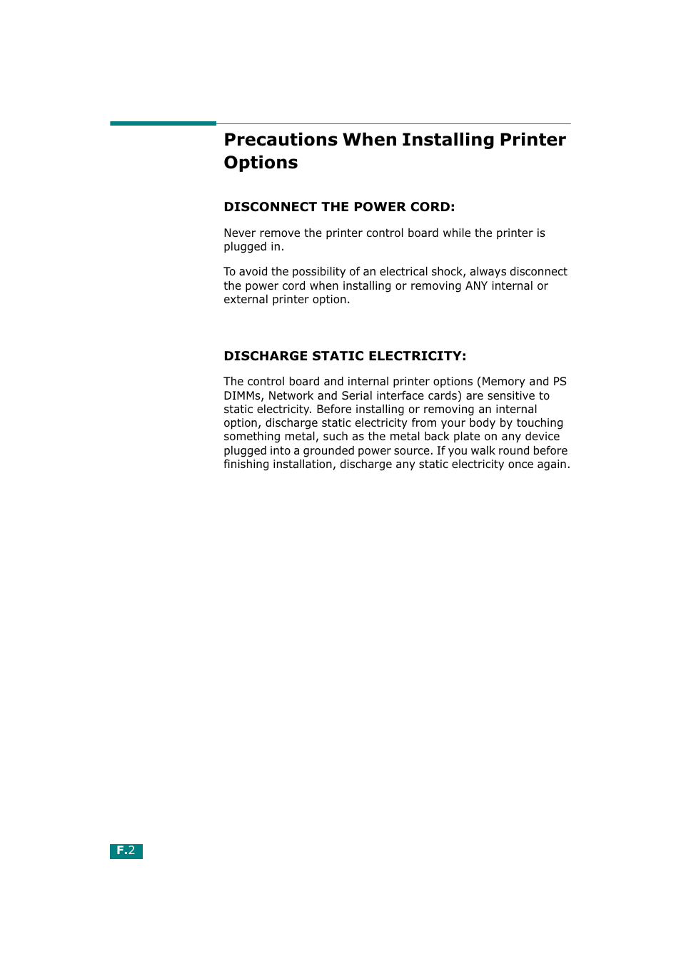 Precautions when installing printer options | Tally Genicom Tally Mono Laser T9220 User Manual | Page 207 / 231