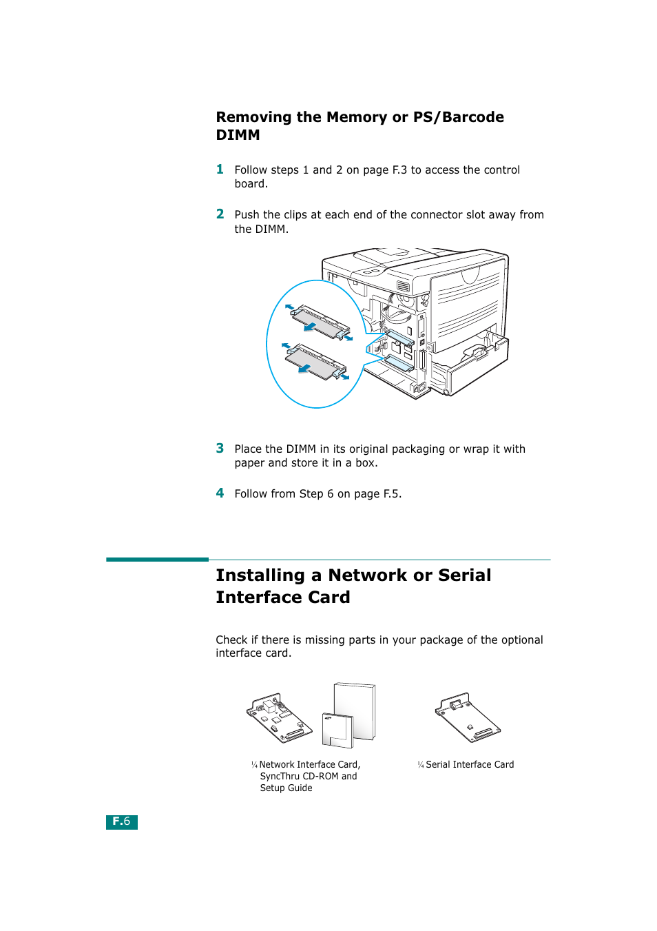Removing the memory or ps/barcode dimm, Installing a network or serial interface card, Removing the memory or ps/barcode dimm ....... f.6 | Tally Genicom Tally Mono Laser T9220 User Manual | Page 211 / 231