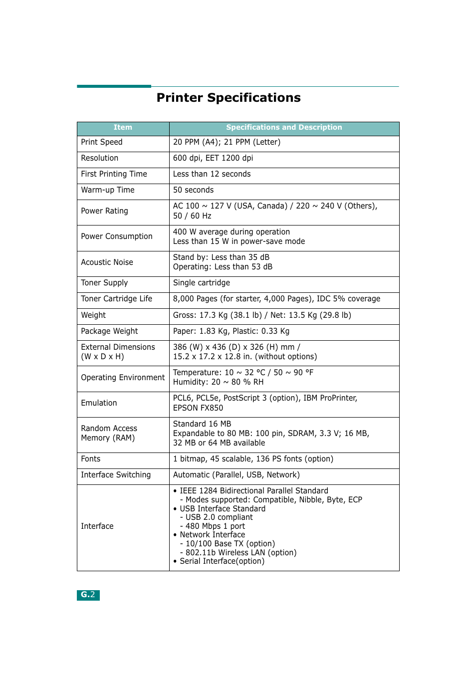 Printer specifications | Tally Genicom Tally Mono Laser T9220 User Manual | Page 219 / 231