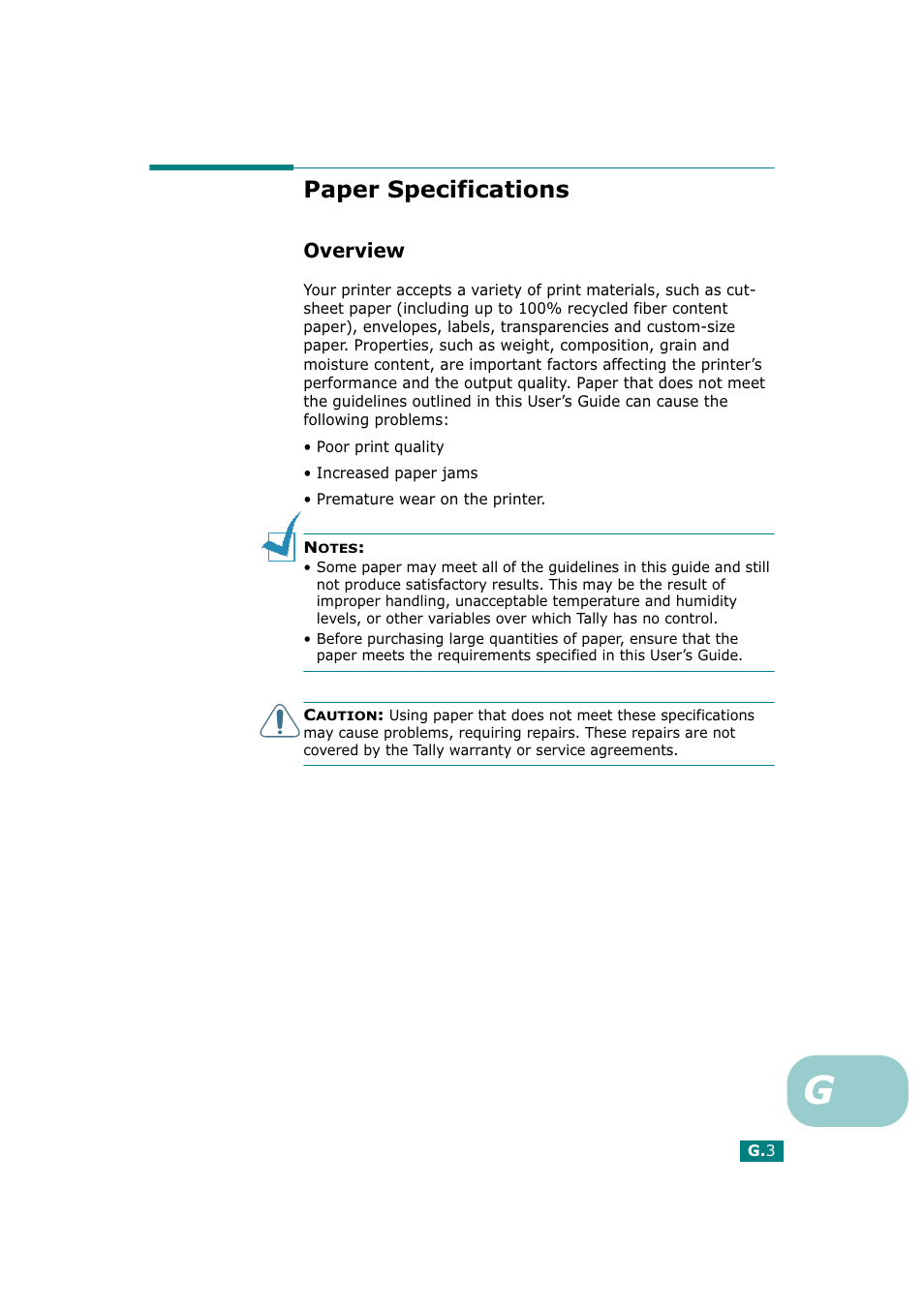 Paper specifications, Overview, Use only recommended print materials. see “paper | See “paper, Y not meet paper specifications. see “paper | Tally Genicom Tally Mono Laser T9220 User Manual | Page 220 / 231