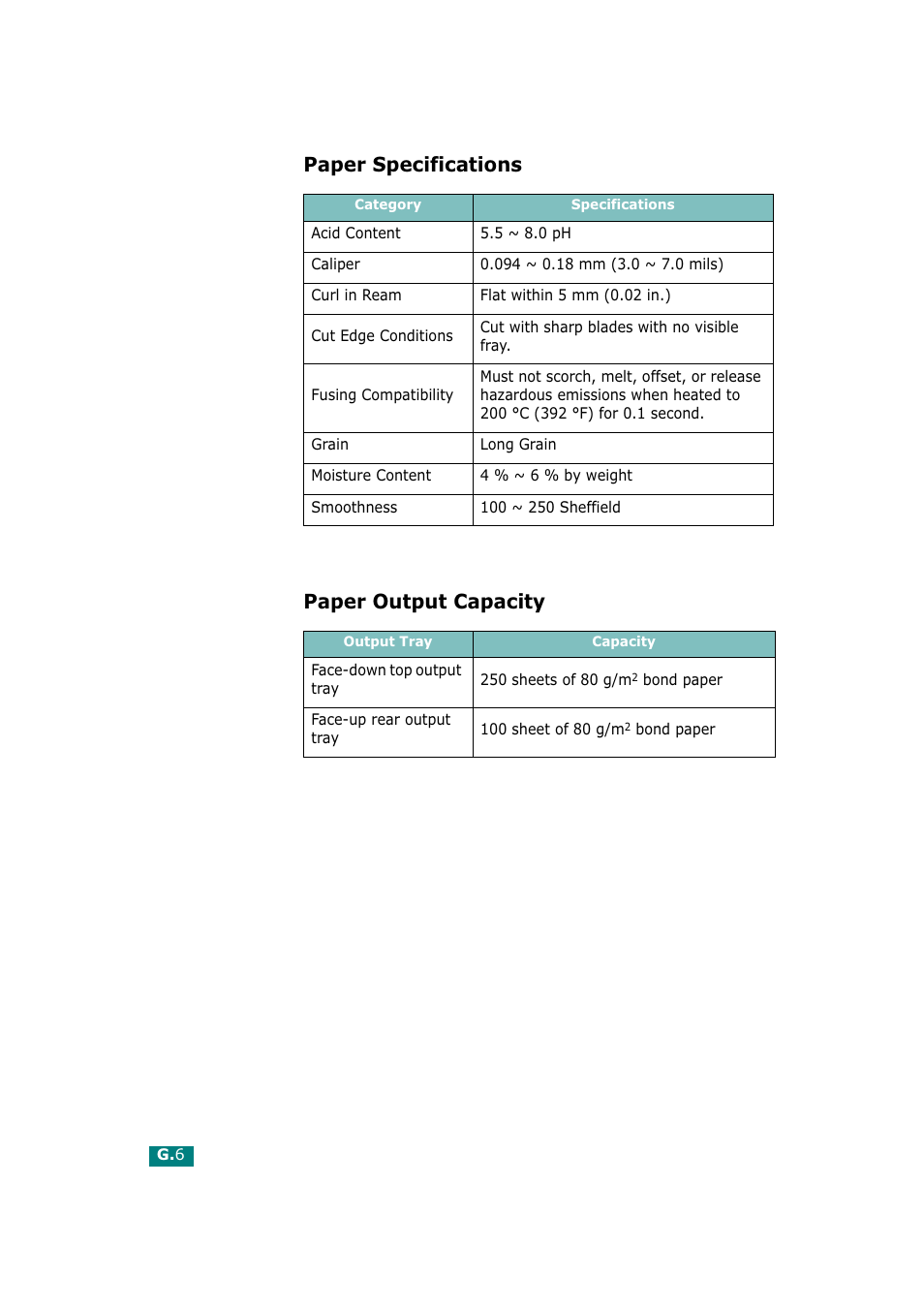 Paper specifications, Paper output capacity, Paper specifications paper output capacity | Tally Genicom Tally Mono Laser T9220 User Manual | Page 223 / 231