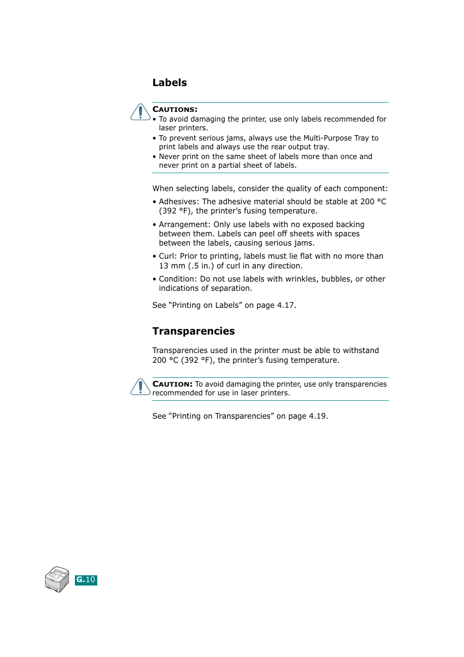 Labels, Transparencies | Tally Genicom Tally Mono Laser T9220 User Manual | Page 227 / 231