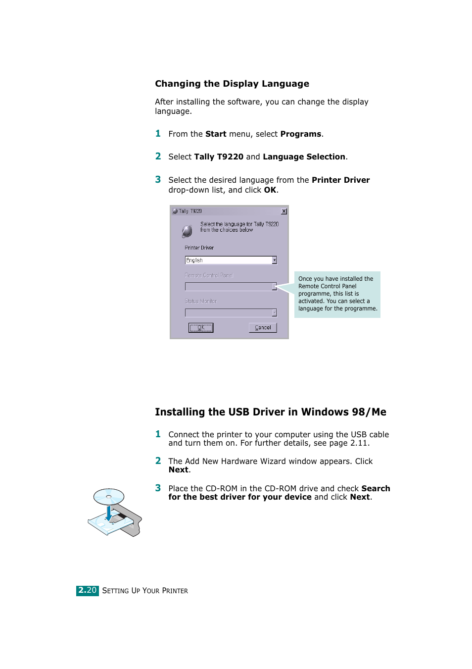 Installing the usb driver in windows 98/me | Tally Genicom Tally Mono Laser T9220 User Manual | Page 39 / 231