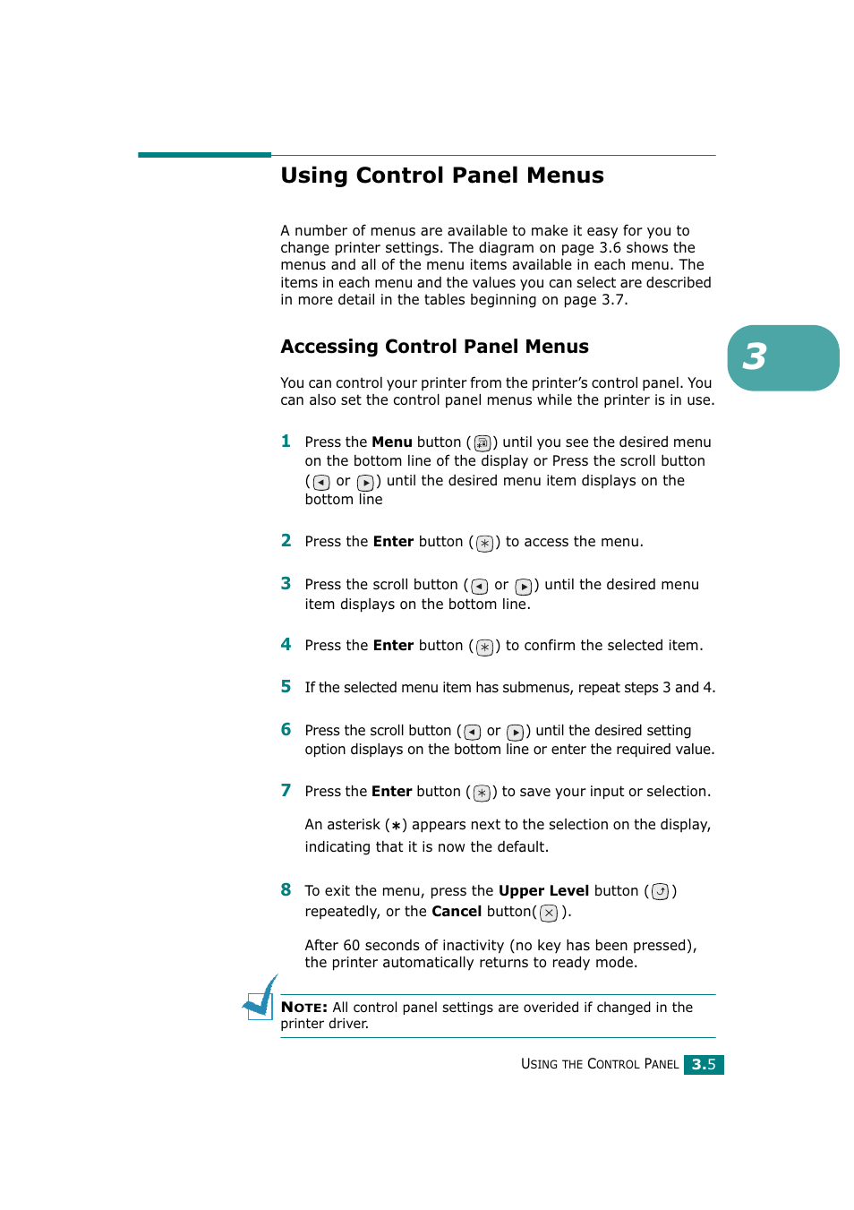 Using control panel menus, Accessing control panel menus | Tally Genicom Tally Mono Laser T9220 User Manual | Page 46 / 231