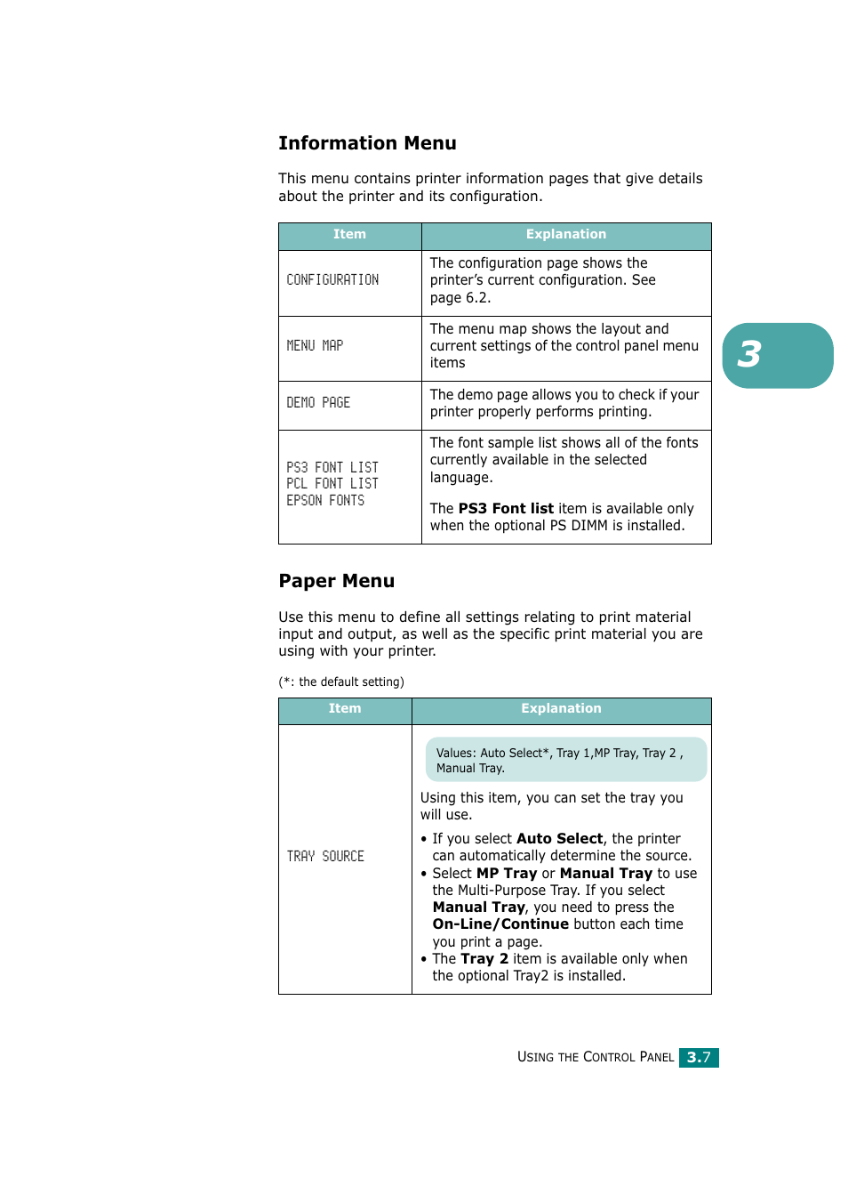 Information menu, Paper menu | Tally Genicom Tally Mono Laser T9220 User Manual | Page 48 / 231