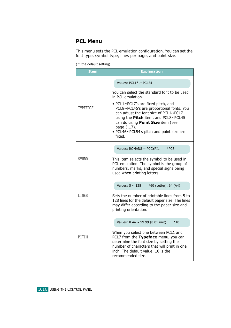 Pcl menu | Tally Genicom Tally Mono Laser T9220 User Manual | Page 57 / 231
