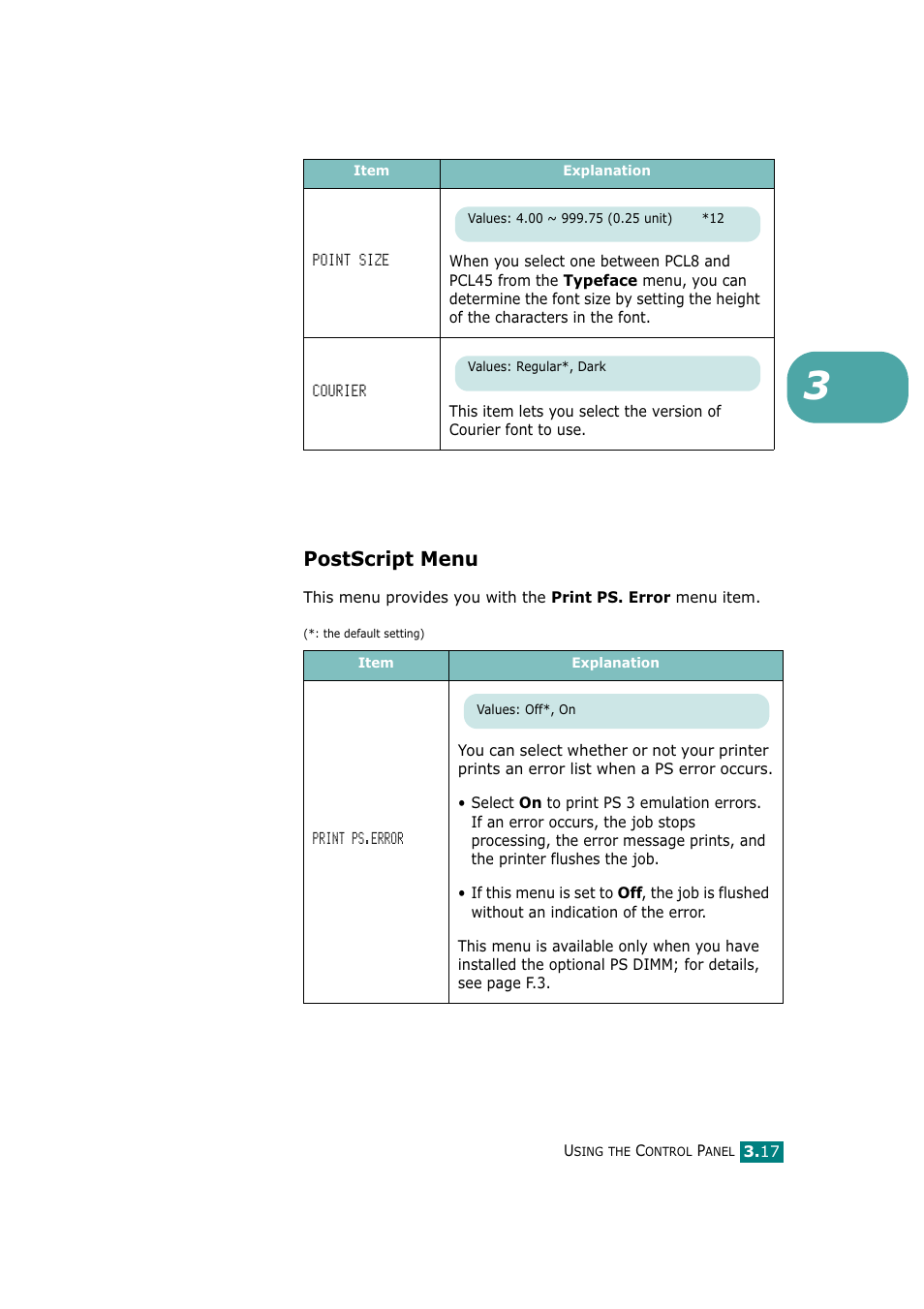 Postscript menu | Tally Genicom Tally Mono Laser T9220 User Manual | Page 58 / 231