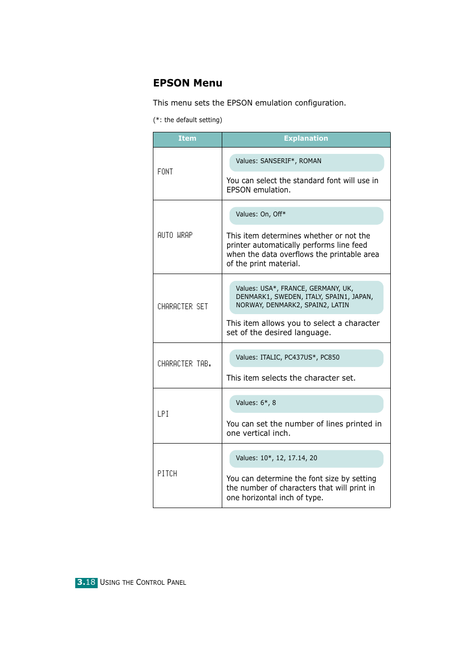 Epson menu | Tally Genicom Tally Mono Laser T9220 User Manual | Page 59 / 231