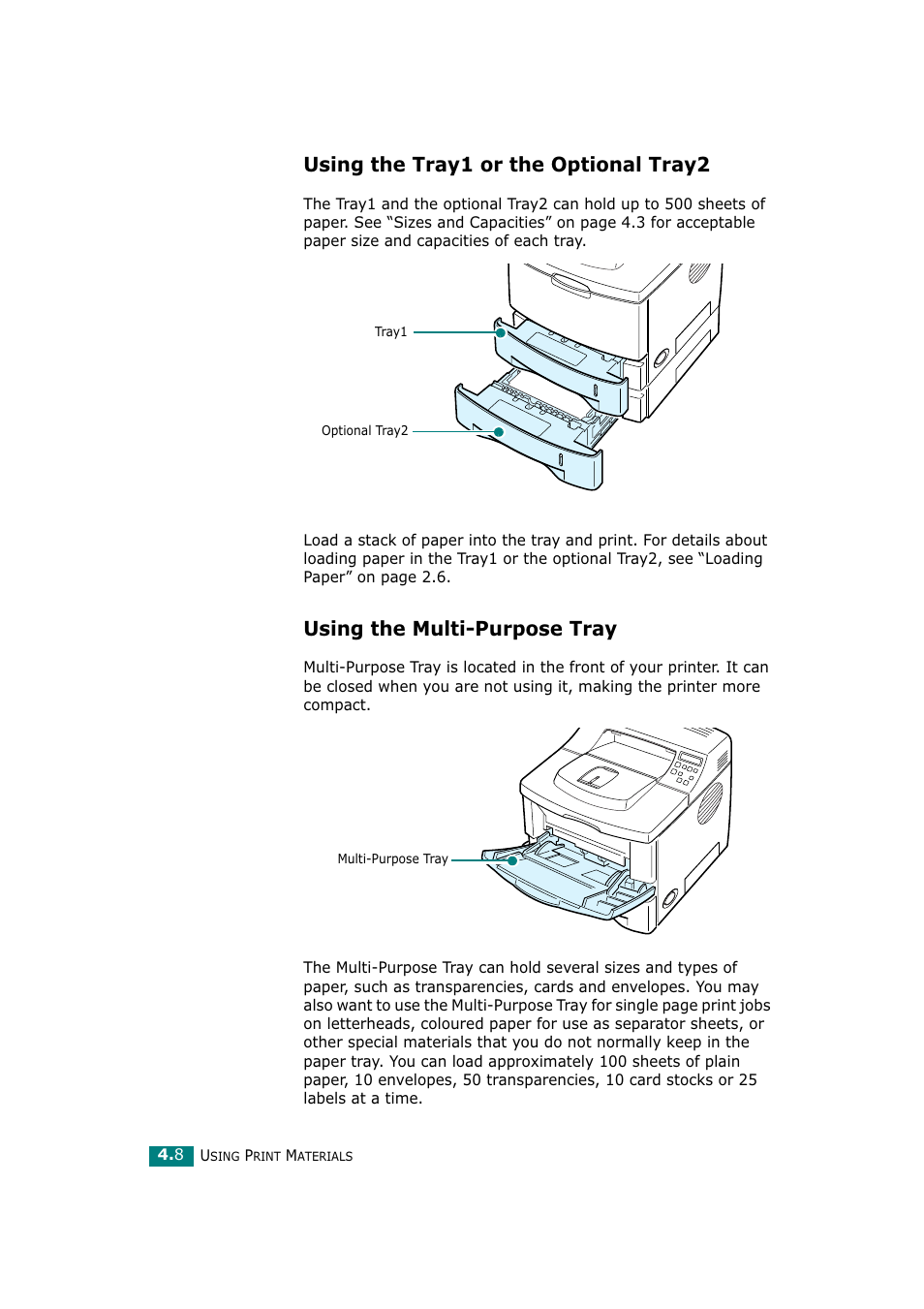 Using the tray1 or the optional tray2, Using the multi-purpose tray | Tally Genicom Tally Mono Laser T9220 User Manual | Page 71 / 231
