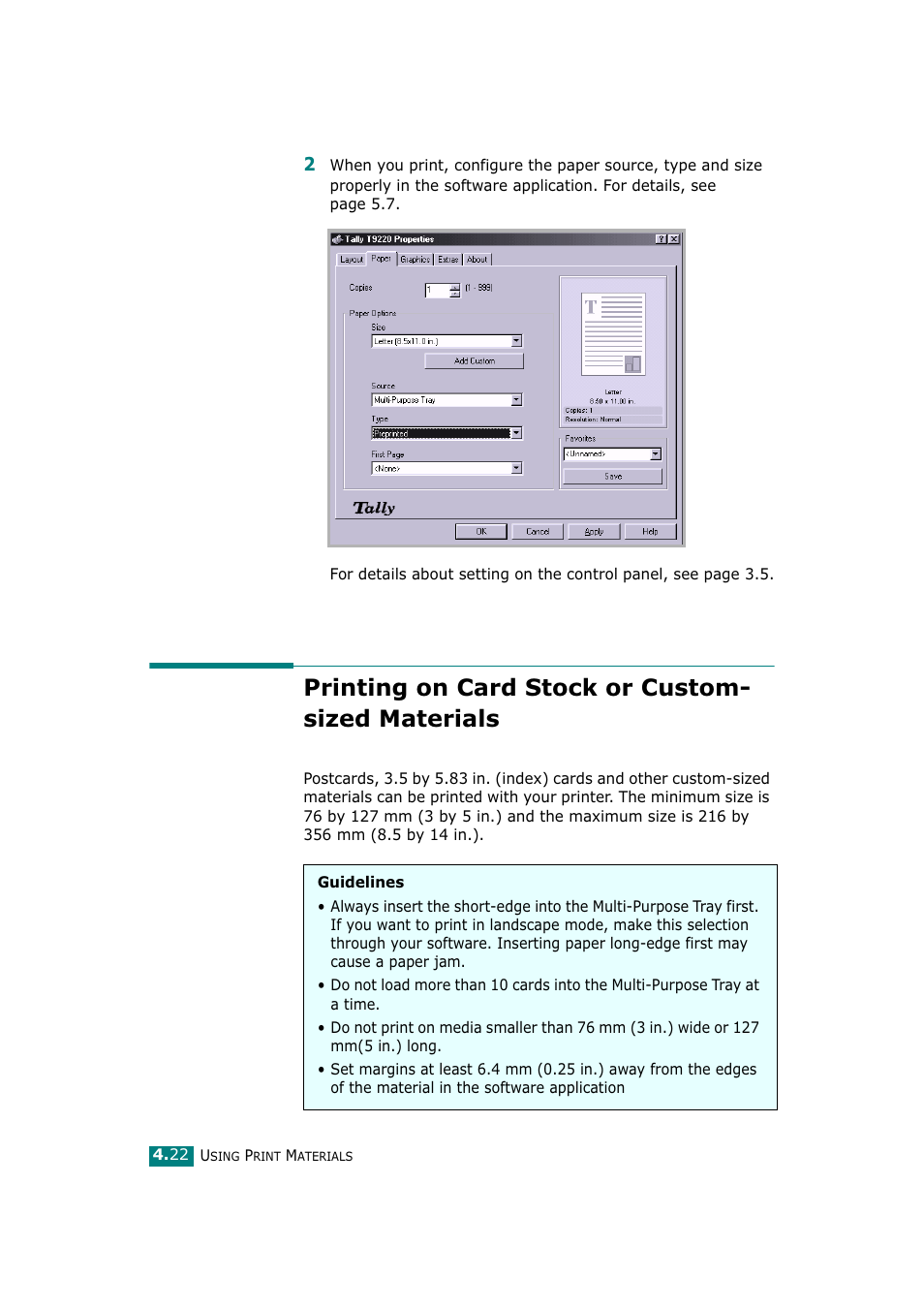 Printing on card stock or custom- sized materials, Printing on card stock or custom-sized materials | Tally Genicom Tally Mono Laser T9220 User Manual | Page 85 / 231