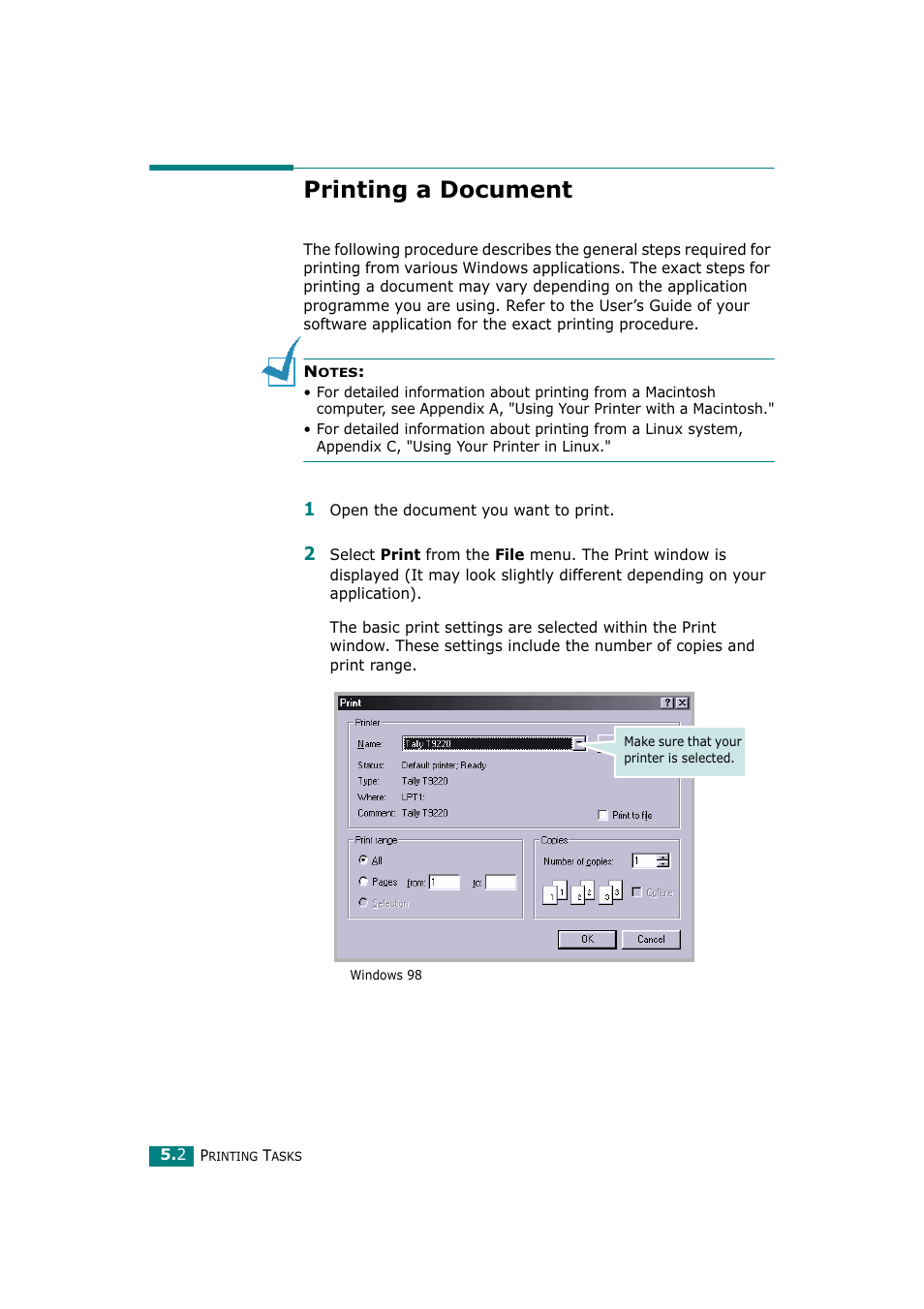 Printing a document | Tally Genicom Tally Mono Laser T9220 User Manual | Page 89 / 231
