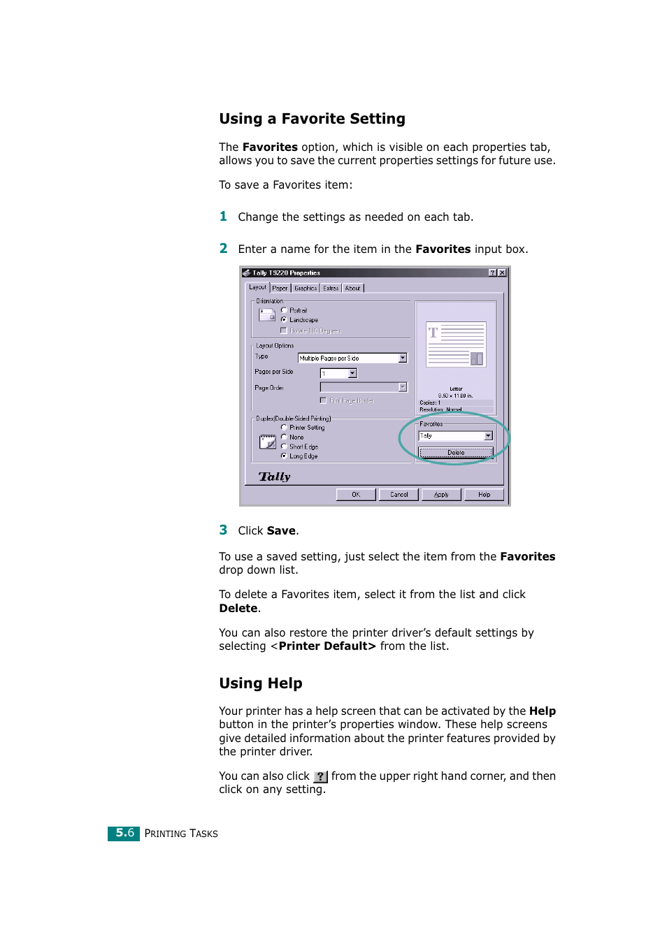 Using a favorite setting, Using help, Using a favorite setting using help | Tally Genicom Tally Mono Laser T9220 User Manual | Page 93 / 231