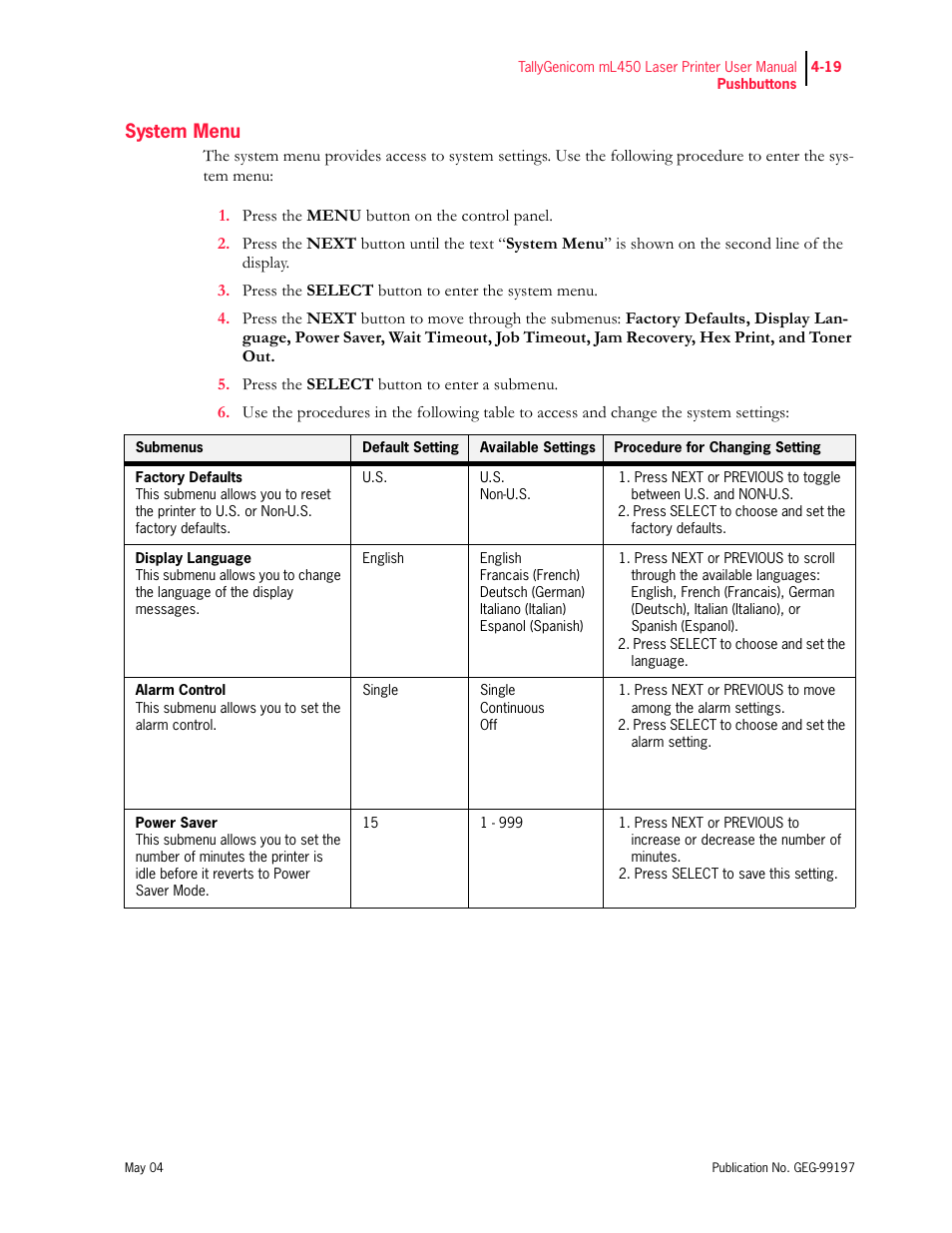 System menu | Tally Genicom mL450 User Manual | Page 101 / 232