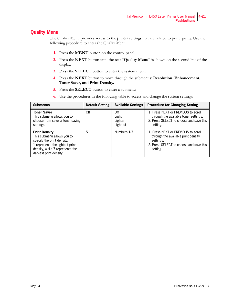Quality menu | Tally Genicom mL450 User Manual | Page 103 / 232