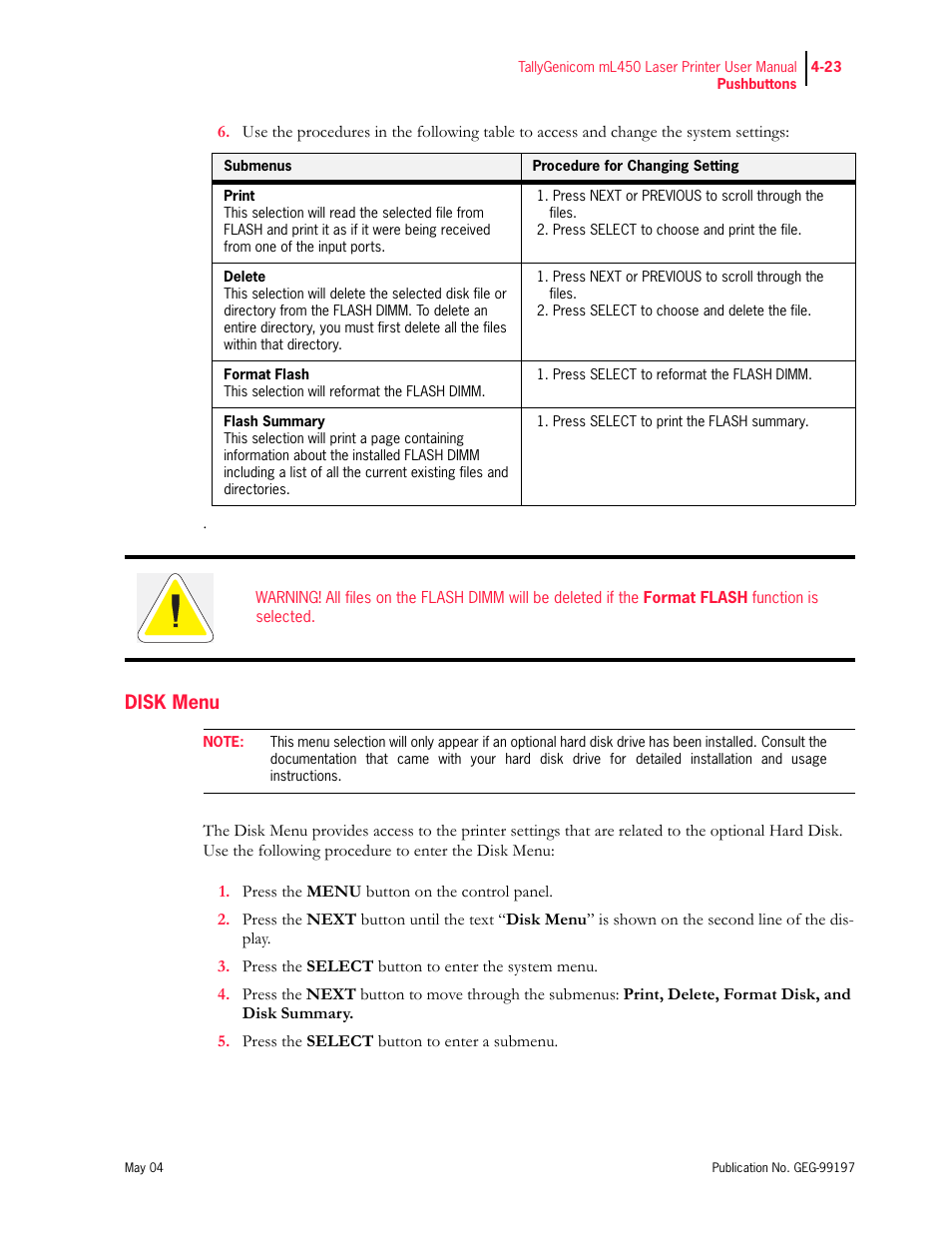 Disk menu | Tally Genicom mL450 User Manual | Page 105 / 232