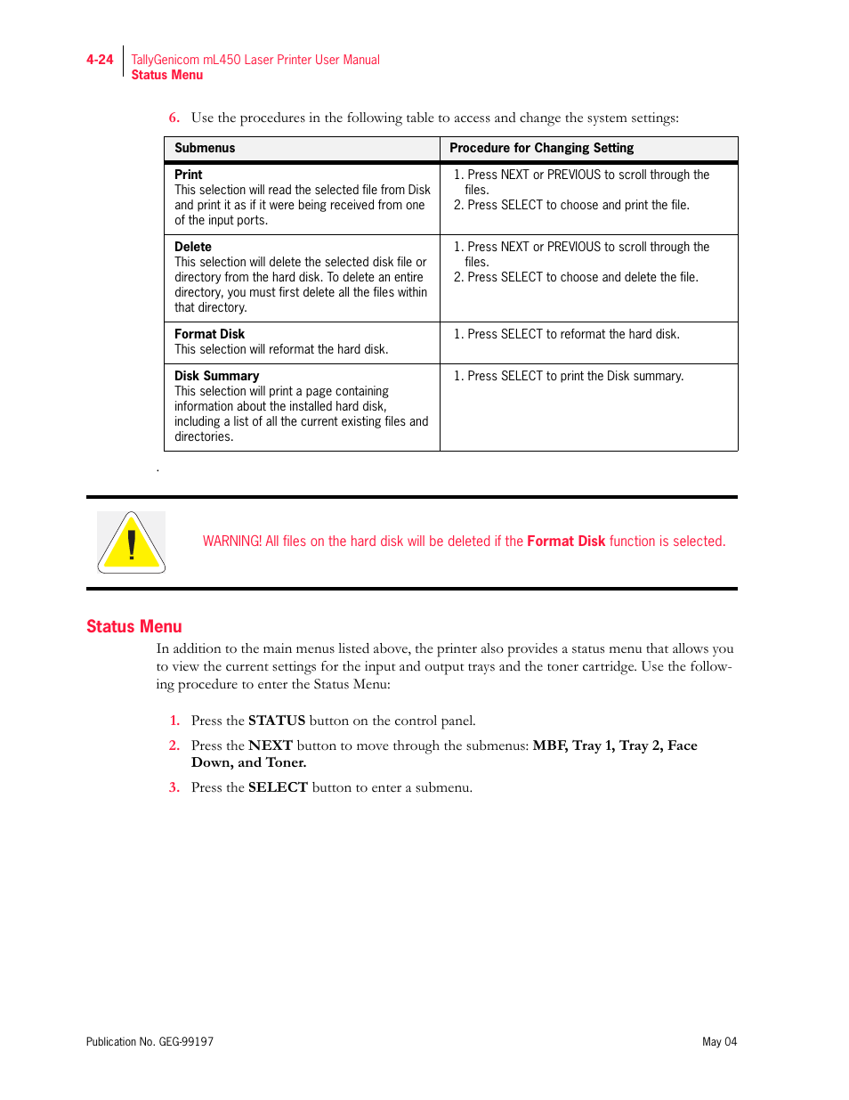 Status menu | Tally Genicom mL450 User Manual | Page 106 / 232