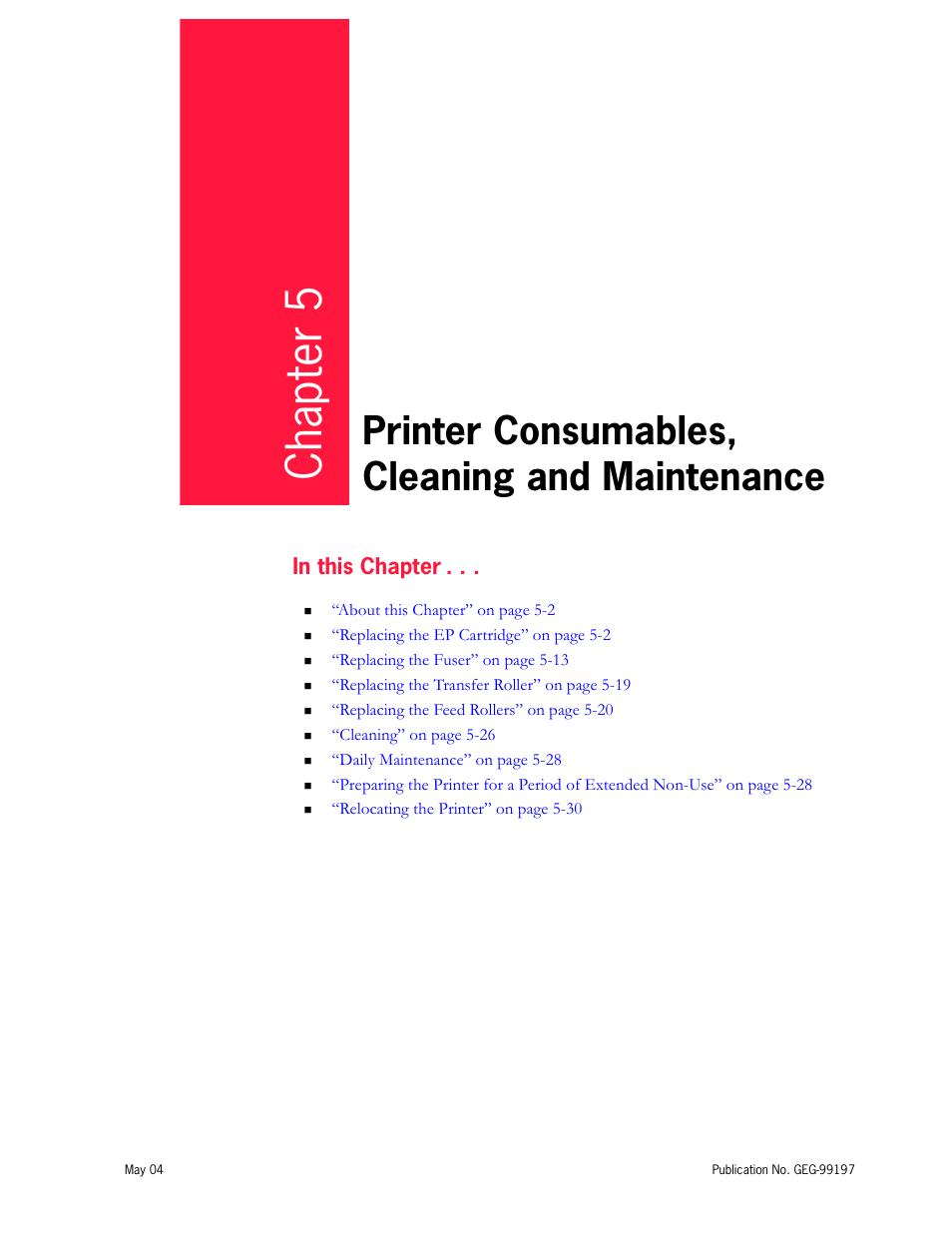 Printer consumables, cleaning and maintenance, Chapter 5, Printer | Consumables, cleaning and maintenance | Tally Genicom mL450 User Manual | Page 109 / 232