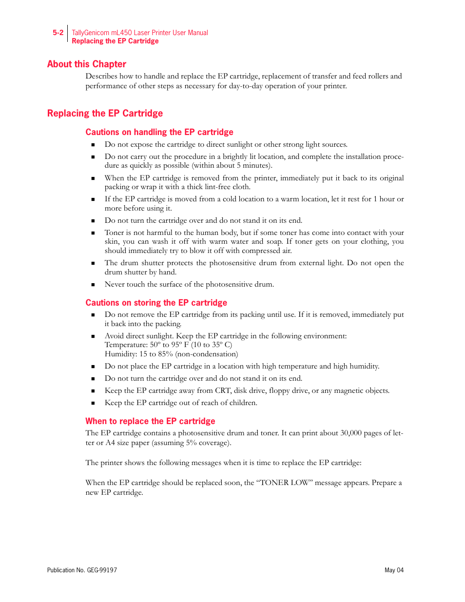 About this chapter, Replacing the ep cartridge, Cautions on handling the ep cartridge | Cautions on storing the ep cartridge, When to replace the ep cartridge | Tally Genicom mL450 User Manual | Page 110 / 232