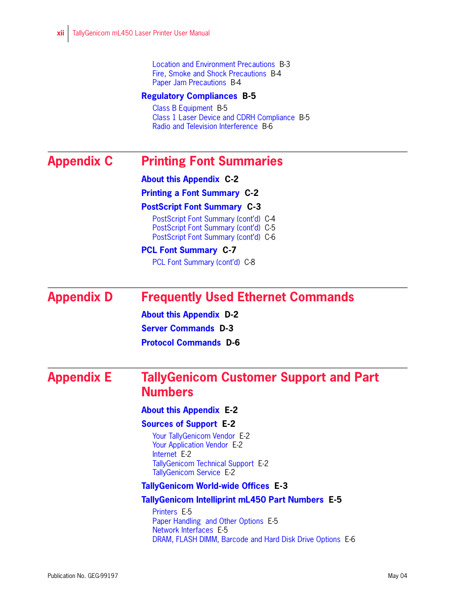 Appendix c printing font summaries, Appendix d frequently used ethernet commands | Tally Genicom mL450 User Manual | Page 12 / 232