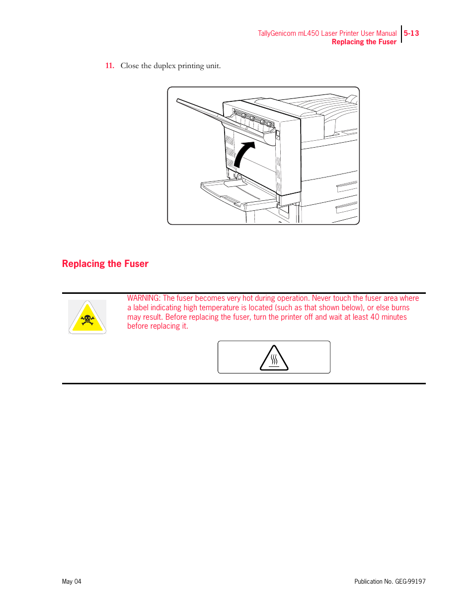 Replacing the fuser | Tally Genicom mL450 User Manual | Page 121 / 232
