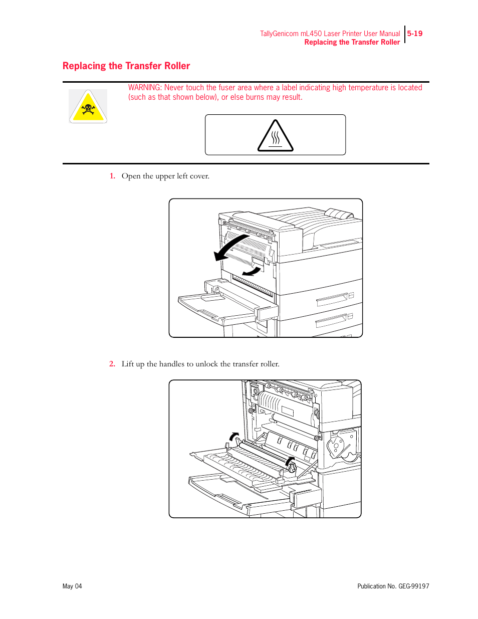 Replacing the transfer roller | Tally Genicom mL450 User Manual | Page 127 / 232