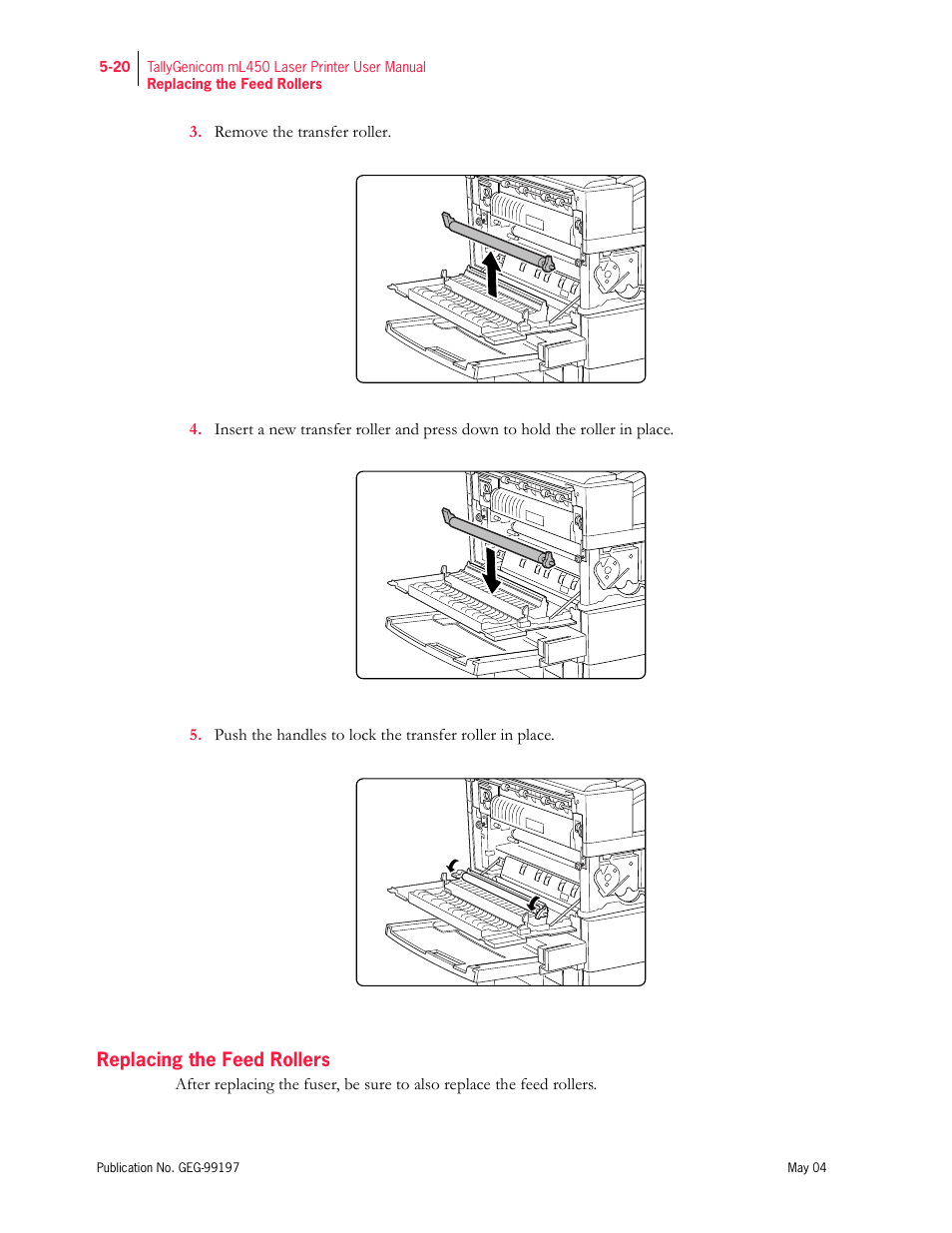Replacing the feed rollers | Tally Genicom mL450 User Manual | Page 128 / 232