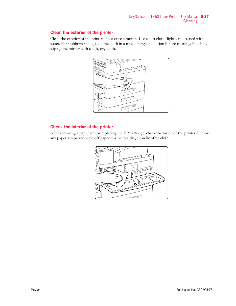 Clean the exterior of the printer, Check the interior of the printer | Tally Genicom mL450 User Manual | Page 135 / 232