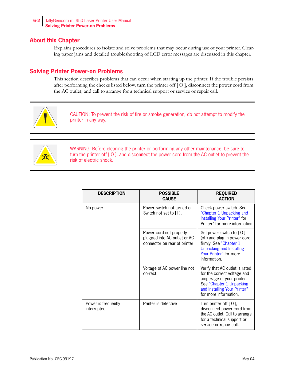 About this chapter, Solving printer power-on problems | Tally Genicom mL450 User Manual | Page 144 / 232