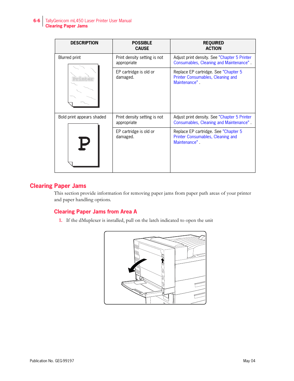 Clearing paper jams, Clearing paper jams from area a | Tally Genicom mL450 User Manual | Page 148 / 232