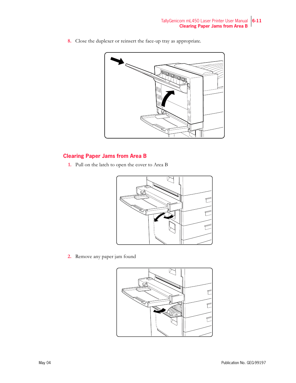 Clearing paper jams from area b | Tally Genicom mL450 User Manual | Page 153 / 232